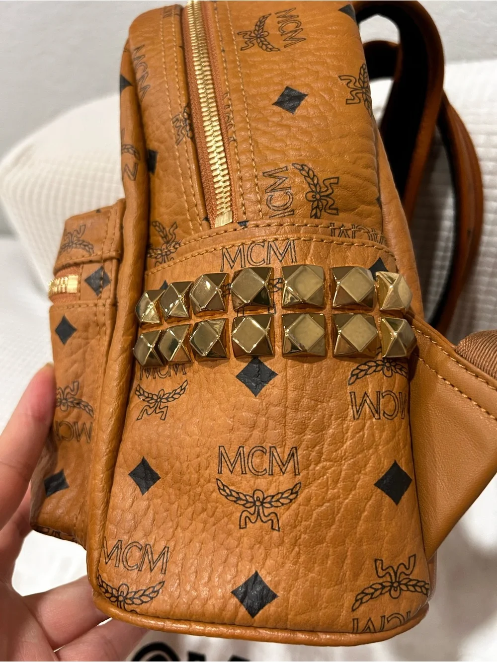Authentic MCM Cognac Logo Gold Studded Mini Backpack Visetos